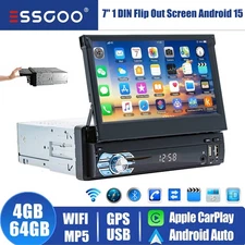 7" Single 1 DIN Android 15 Flip Out Screen Carplay Car Stereo GPS USB WIFI 4+64G