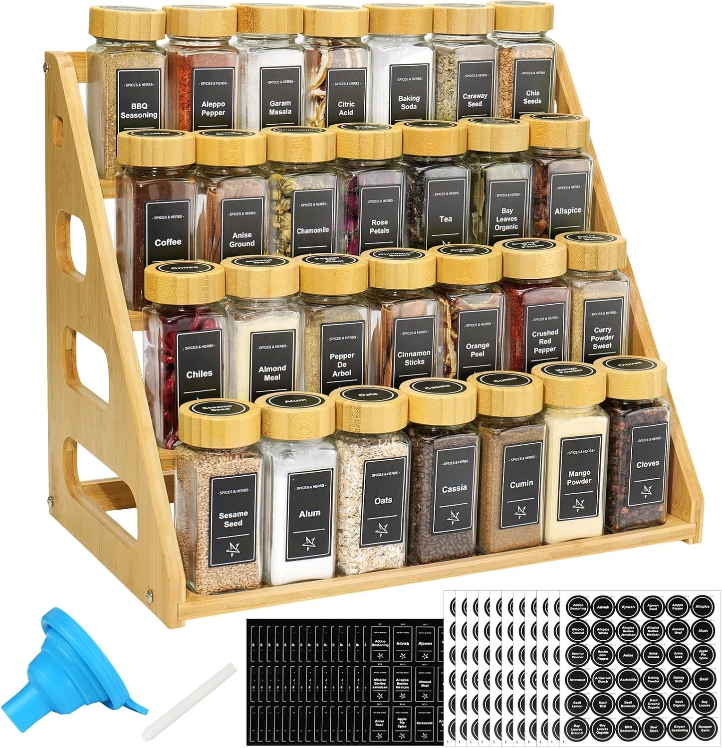 4 Tier Bamboo Spice Rack Organizer W/ 28 Spice Jars 780 Labels Wood Shelf Chalk