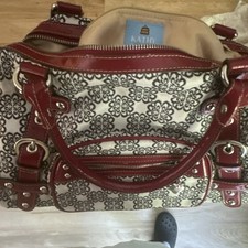 Kathy Van Zeeland Black/White Floral Satchel Red Patent Trim Zip Studded Charm