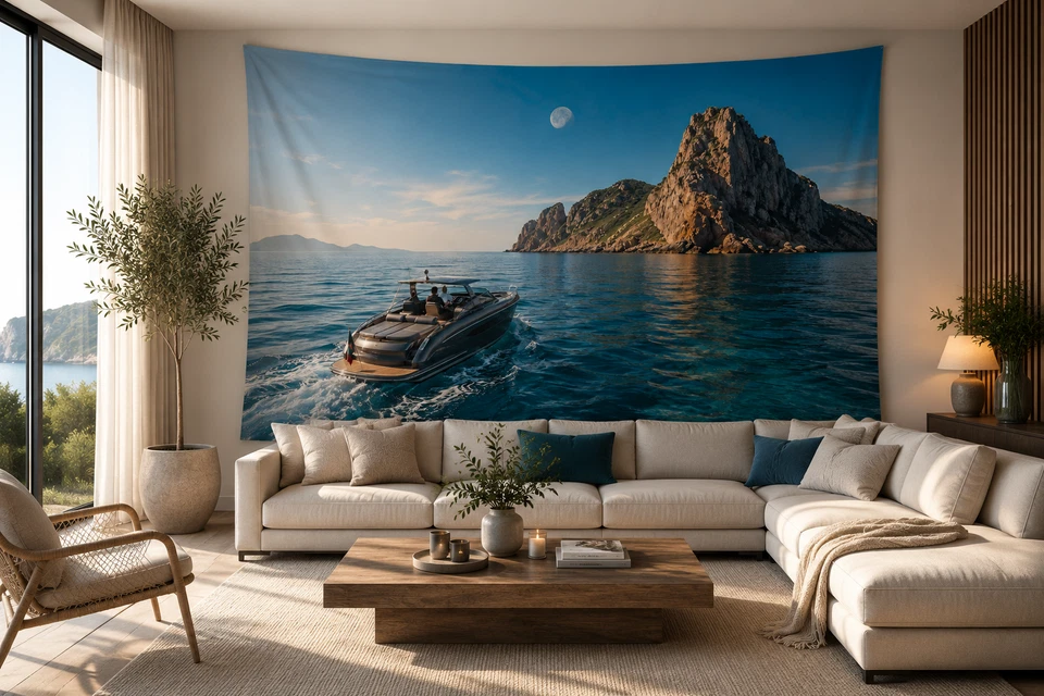 Yacht und Felseninsel in mediterraner Meereslandschaft