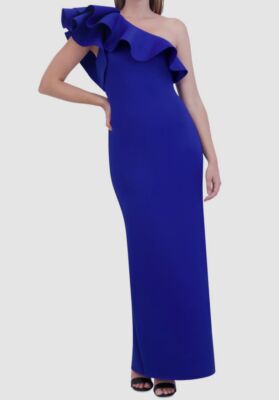 Eliza J Women's Blue Ruffled One-Shoulder Dress Trumpet Stretch Gown Size 8