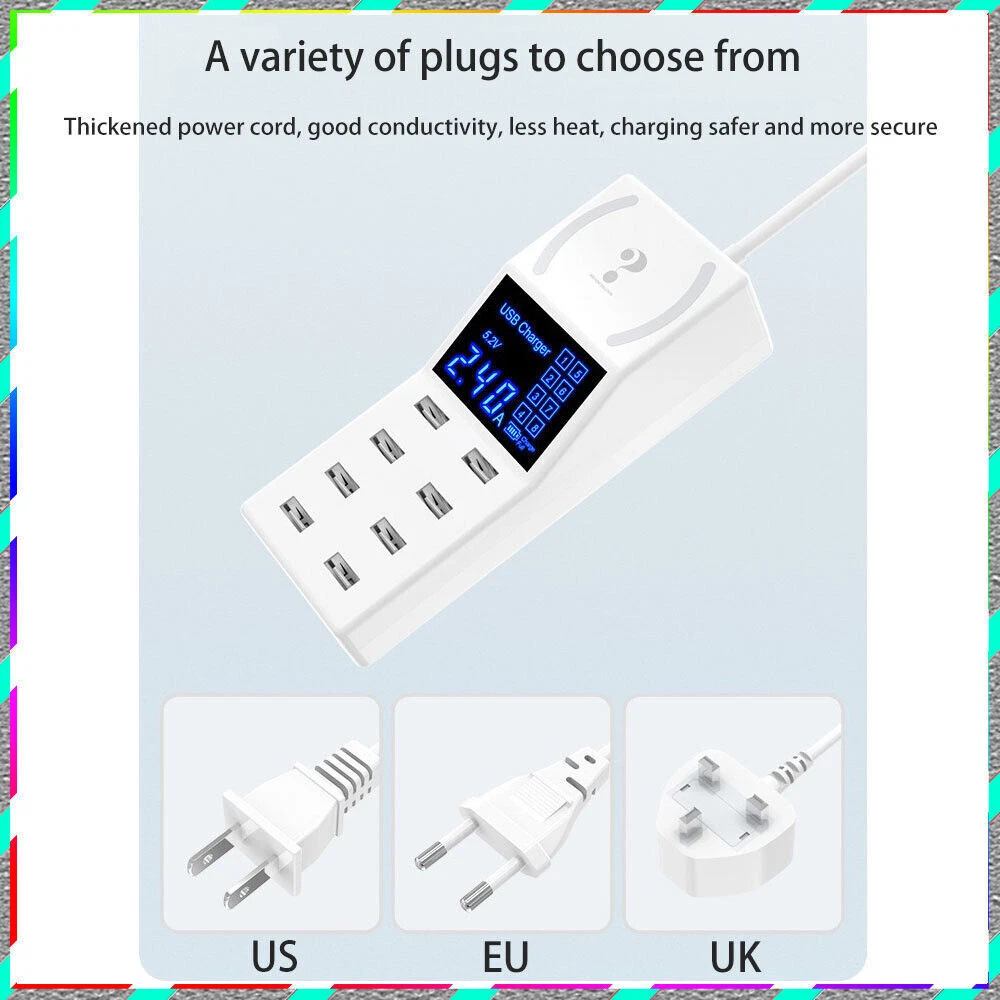 8-Port USB Hub with AC Adapter & Non-Slip Desktop Charging Station