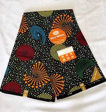 Premium Kitenge Fabric – Multicolor Dotted Circular Patterns, Black Base, 6 Yard