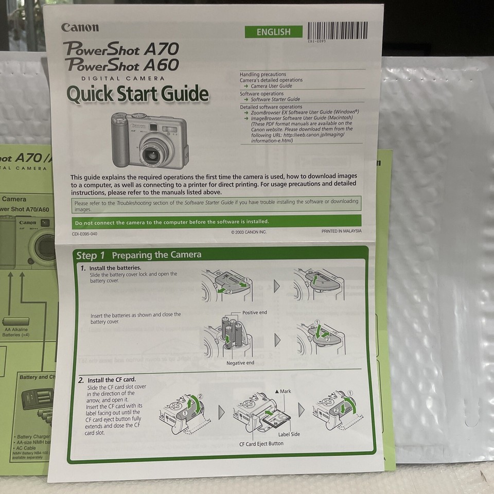 Canon Powershot A70 A60 Digital Camera User Guide Instruction Manual