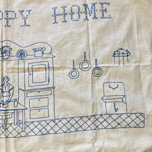 Vintage Hand Embroidered Tapestry "My Happy Home" Linen Cloth Kitchen 34" x 19" - Picture 5 of 9