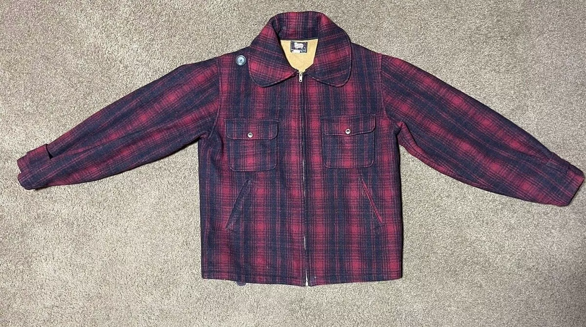 Vtg 1950's WOOLRICH Mackinaw Red Buffalo Plaid Wool Hunting Jacket