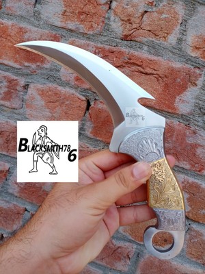 Unique D2 Steel Blade Hand Forged Krambit Knife 12''In Brass&Silver Engraved 