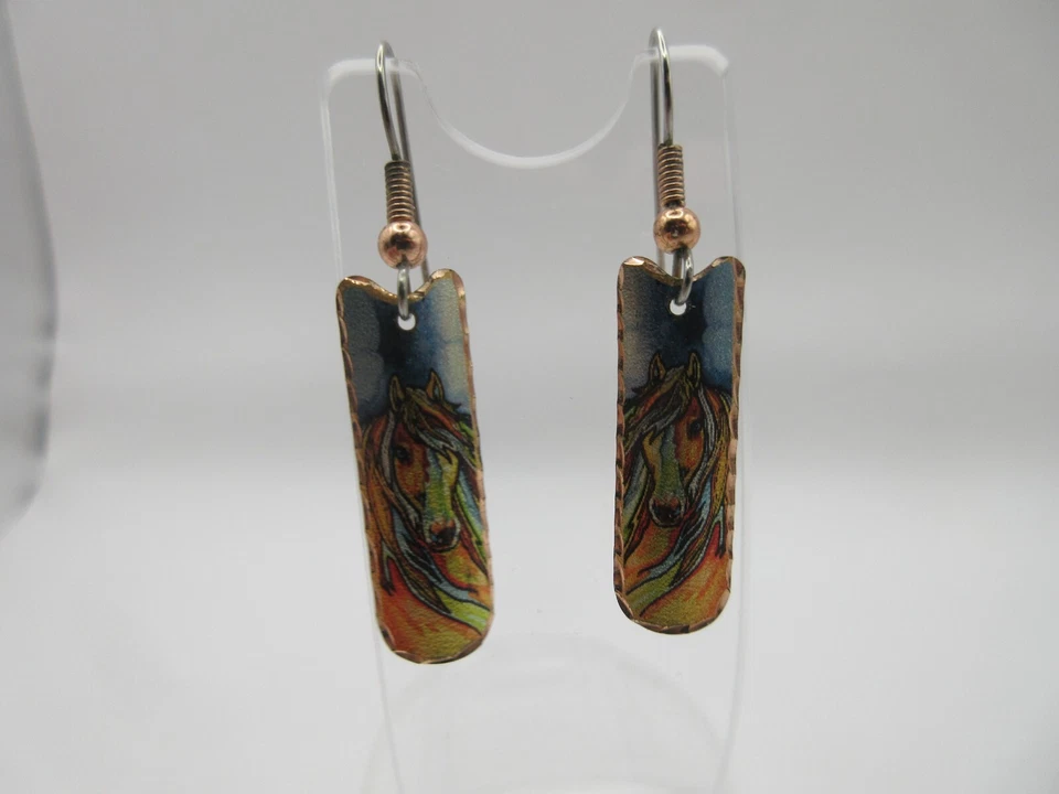 1" Handmade Boho Copper Estuarian Colorful Horse Drop Earrings Etched Artisan - Image 4 of 4
