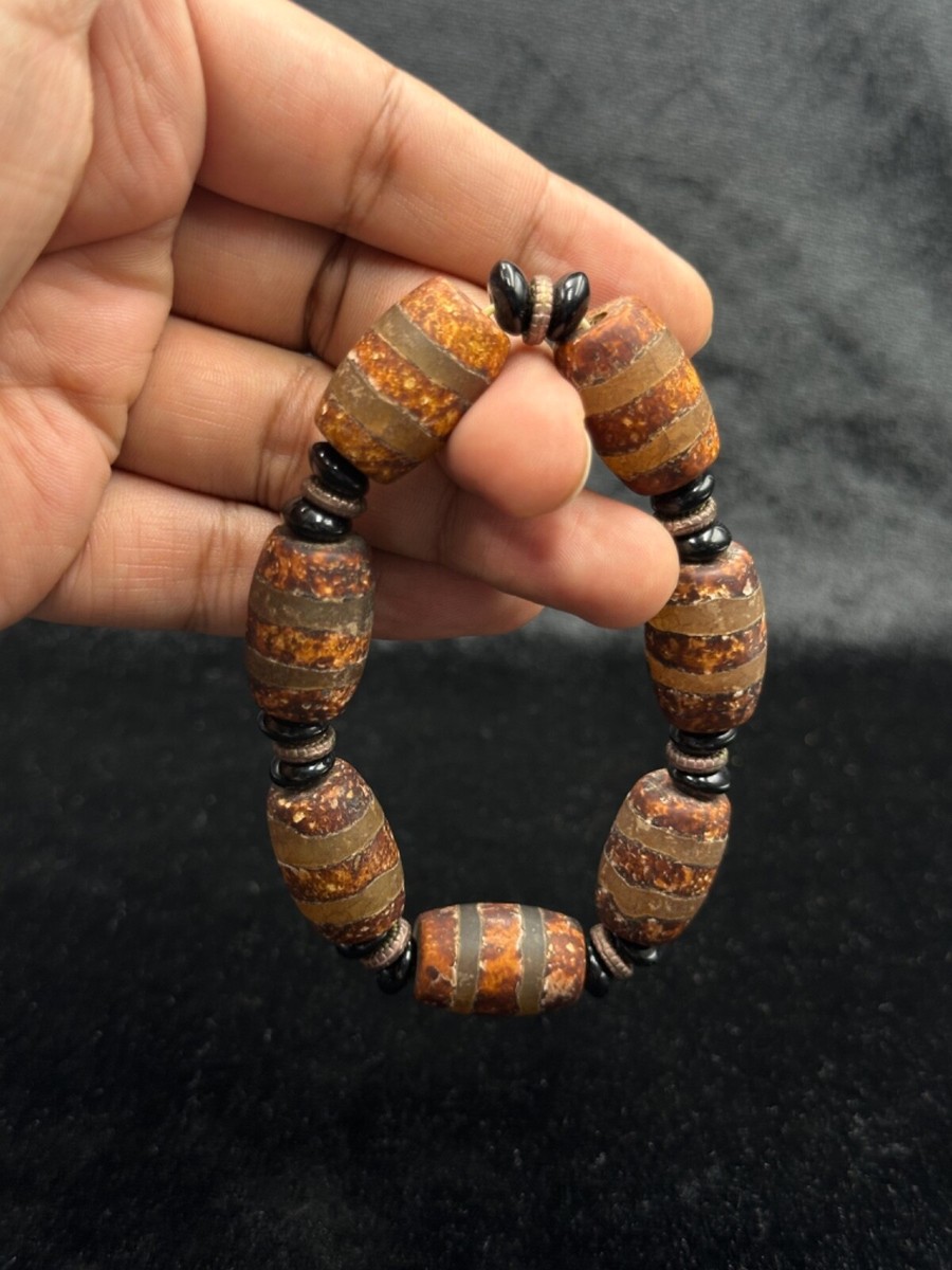 Tibetan Ancient Dzi Bead With Two Stripes Stretchable Cord Unique