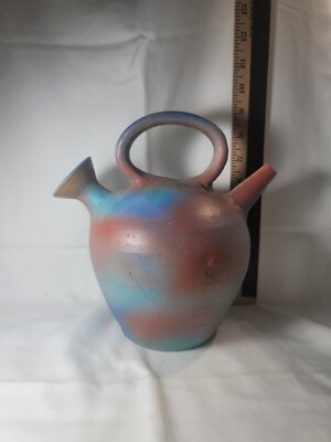 Vintage  Pottery Double Spout Terracotta Clay Water Vessel Blue & Pinkish Brown
