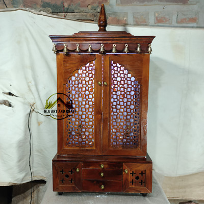 pooja temple dark Brown Polish with Hanging Diya and Bells with LED Light