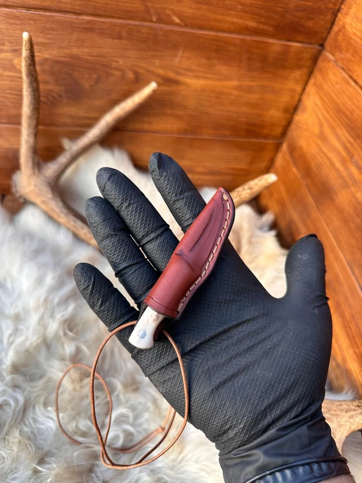 Cuchillo de cuello pequeño hecho a mano, cuchillo de hoja fija con mango de asta de ciervo, cuchillo EDC Foto 4 de 4