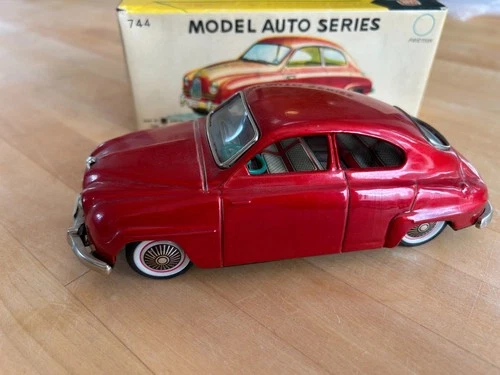Vintage Bandaiya tin friction toy car red Saab 93B #744 original box & pamphlet