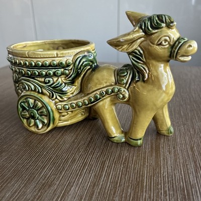 Vintage MCM Inarco Avocado Green Japan Ceramic Donkey & Cart Planter E-3414