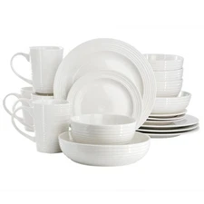 Nikki 18 Piece Ribbed White Porcelain Dinnerware and Serving Bowl Set, Service f