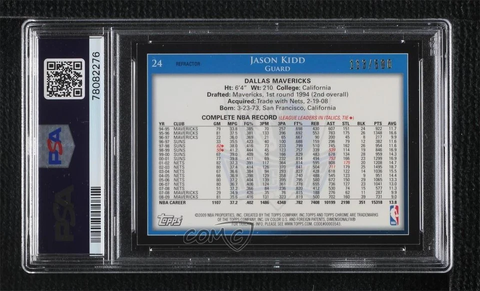 2009-10 Topps Chrome Refractor /500 Jason Kidd #24 PSA 8 HOF - Image 2 of 2