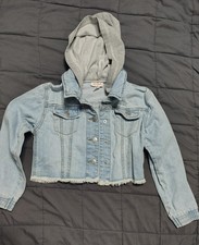 Cat Jack Blue Denim Hooded Jacket Gray Hood Fringe Buttons Size S 6/7