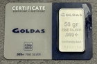 Goldas Chip Silver 50 Grams .999 Fine Silver Bar in Certificate Card RARE