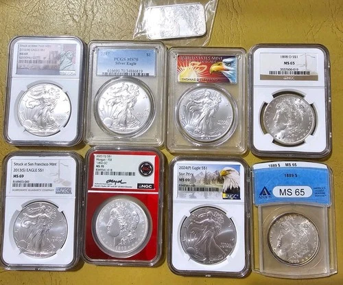 Morgan Dollar, American Silver Eagle Lot 2 MS 65 Morgans, 5 MS 69-70 Eagles, Bar