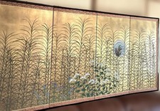 Japanese Folding Screen Byobu Gold Leaf Full Moon Autumn Grass Wall Hanging