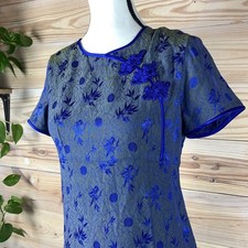 Vtg Qipao Dress Small Blue Jacquard Floral Mandarin Elegant Silky Asian