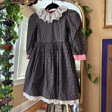 Vintage Jayne Copeland Dark Floral  Pink Velvet Lace Collared Kids Dress 6