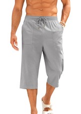Mens Cotton Linen Yoga Pants Elastic Drawstring Casual 3/4 Capri Shorts