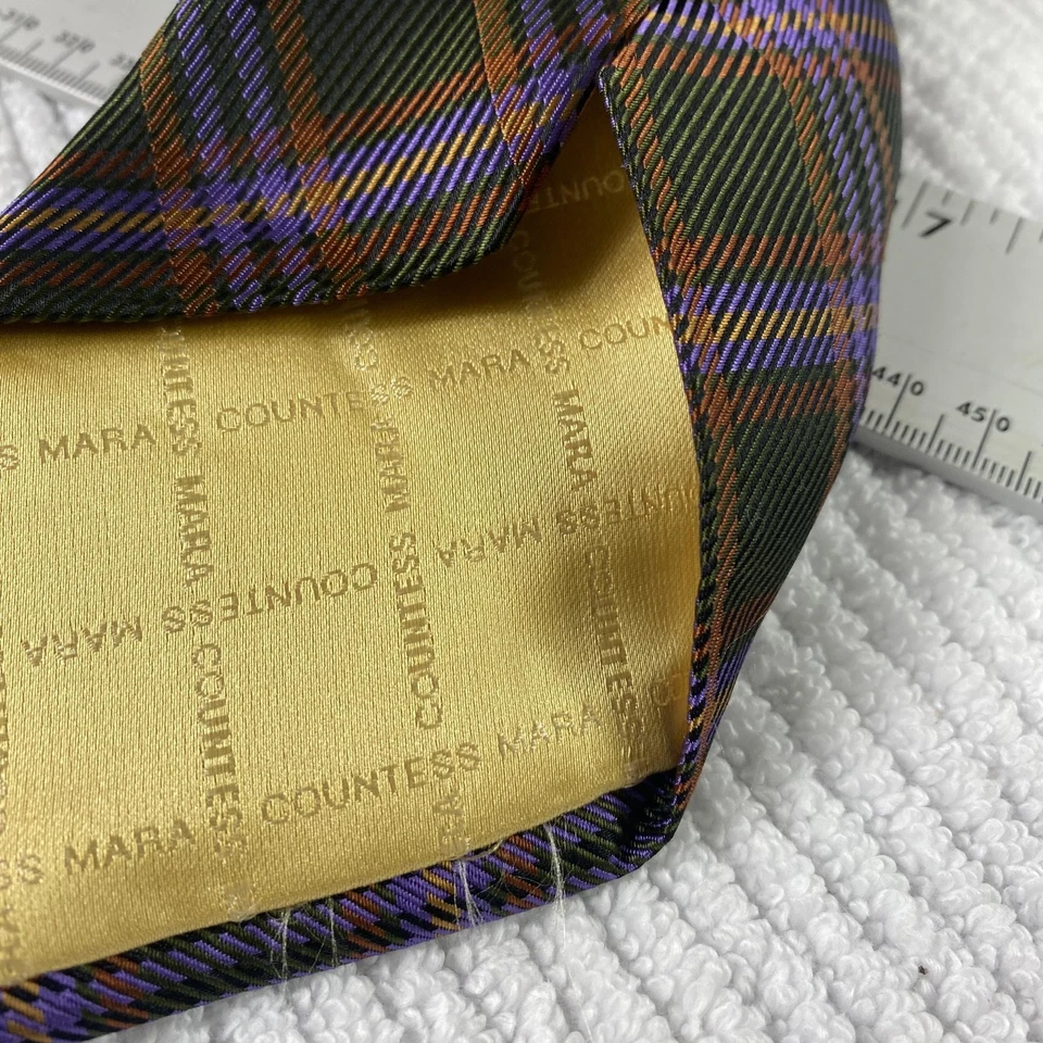 Corbata Countess Mara para hombre talla única verde púrpura a cuadros 100 % seda hecha a mano Foto 4 de 4