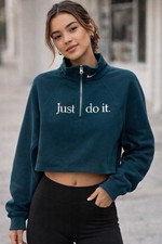 Nike Women s Sweatshirt Cropped 3/4 Zip Small JUST DO IT Pullover Zip Neck