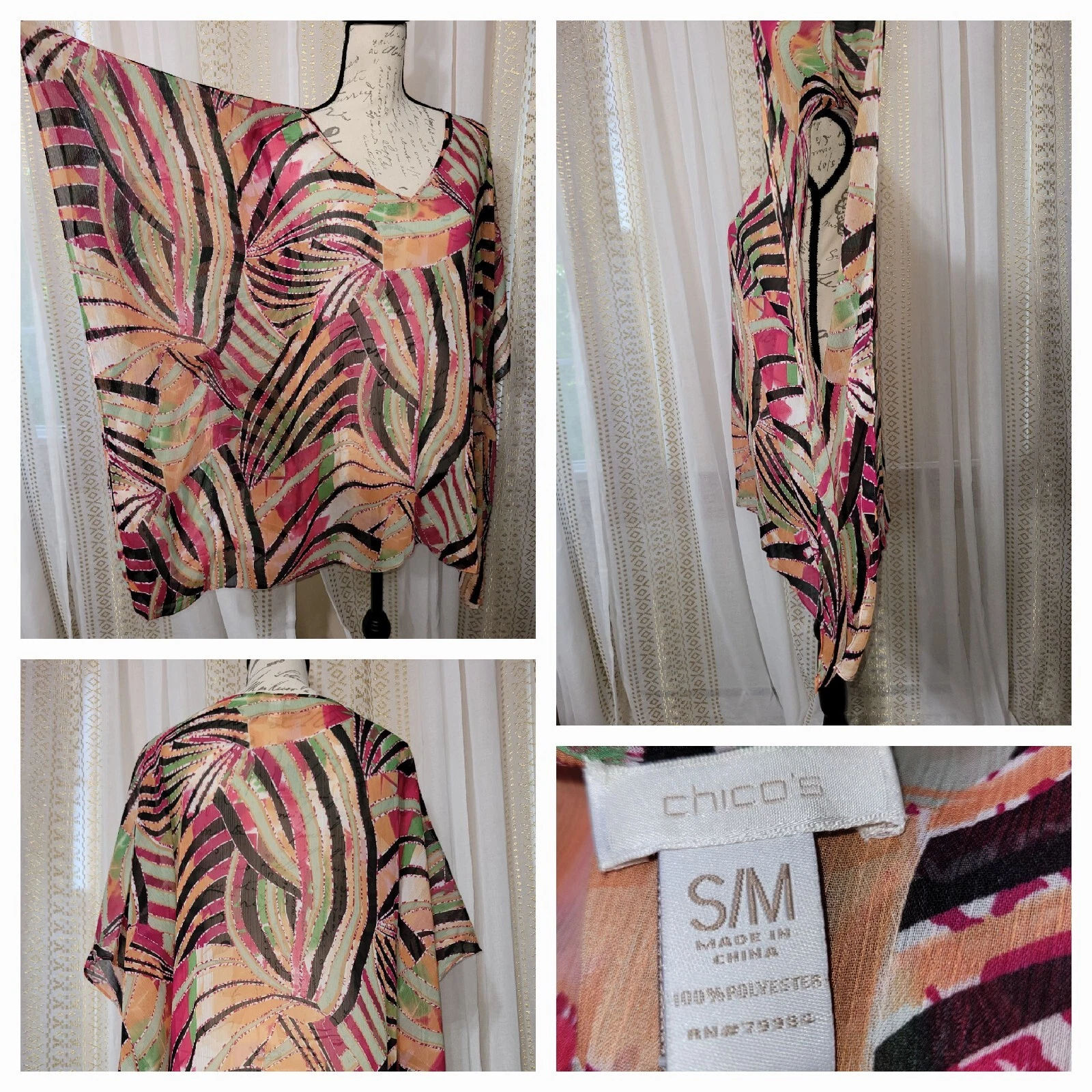 Chico's Poncho Kimono Topper Women's Size S/M Color Splash Multicolor Print