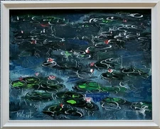 Water Lilies in Pond Unique Original Painting Framed Canvas Signed by Max Kravt