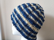 Hand knitted warm and cozy wool beanie/hat, blue/navy/yellow