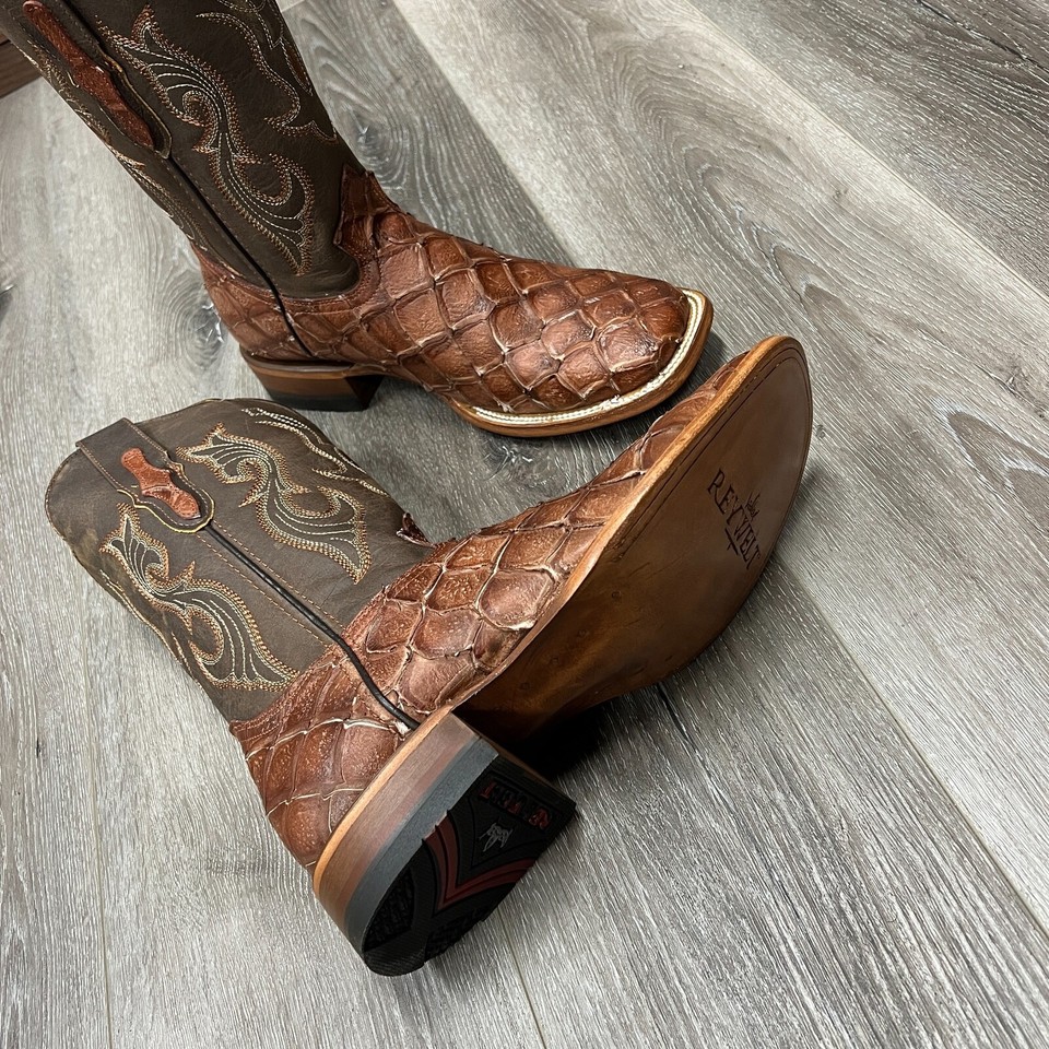 MEN'S RODEO COWBOY FISH PIRARUCU PRINT WESTERN SQUARE TOE BOOTS COGNAC ...