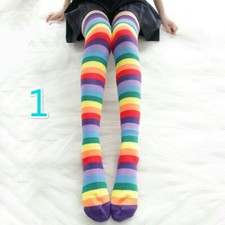 Femme Fille Arc-En-Ciel Rayé Long Chaussettes Cuisse Collants Multicolore Lolita