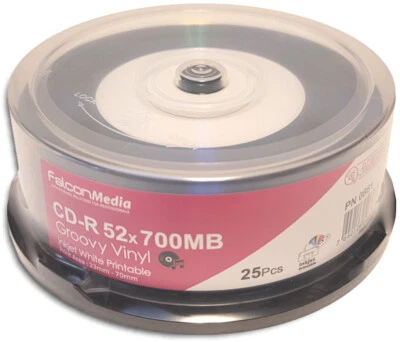 FALCONMEDIA Falcon Digital-Vinyl White Inkjet Hub/Diamond Black 52X CDRs 50-Pak (2 x 25-Pak)