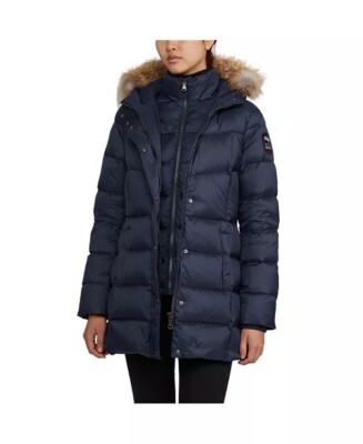 Pajar Canada Roxy Women's Down Hooded Faux Fur Puffer Coat Jacket Blue Medium