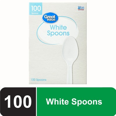 Great Value Everyday Disposable Plastic Spoons, White, 100 Count