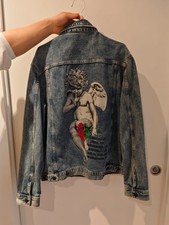 H&m Divided Acid Washed 100% Cotton Fitted Dark Denim Jacket Size M With Graph