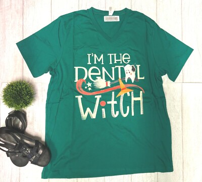 Dental Witch V-Neck Green Graphic T-Shirt Women's Humor Gifts 2XL Bella Canvas