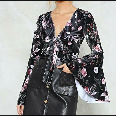 NASTY Gal Black Velvet Floral Print Bolero Shrug Tie Top