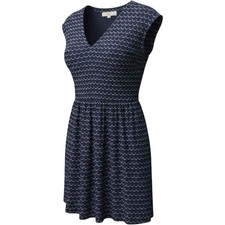 LOFT Petite XS Navy Blue Scalloped Wave Print V-Neck Cap Sleeve Flare Dress NWT