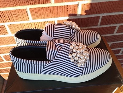 Striped Sneakers Wendy Williams Black White Fabric Slip On Flat Shoes NEW
