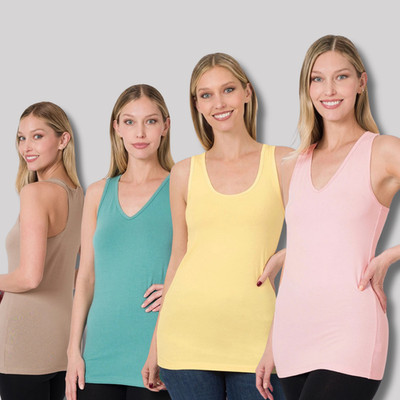 Women's V Neck or Round Neck Soft Stretch Cotton Racer Back Tank Top Missy Fit