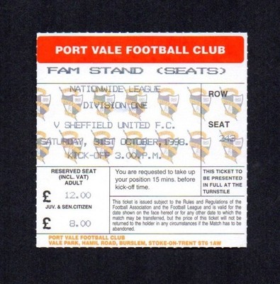 1998/99 PORT VALE 2-3 SHEFFIELD UNITED DIV ONE 31.10.98 ATT. 6.737 RAR *NEUWERTIG*