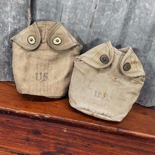 (2) Vintage WW2 M1910 CANTEEN COVERS Khaki US Army Military USMC WWII 1940s