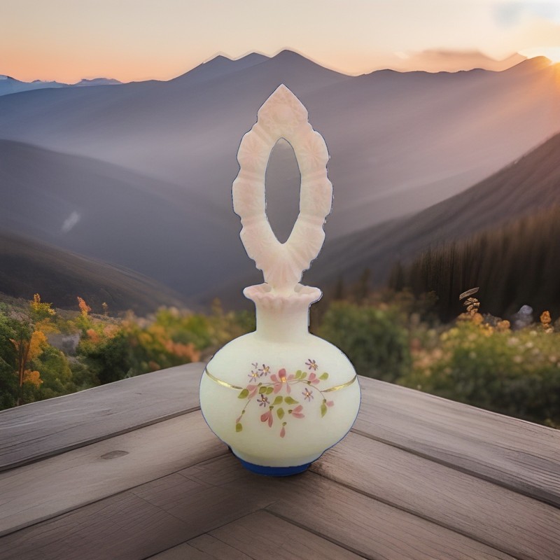Vintage Fenton Perfume Kristen's Floral Cameo Satin Glass bottle Sign Stephens