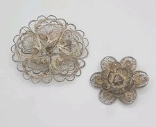 Vintage Brooch Lot Of 2 Flowers Spun Silver