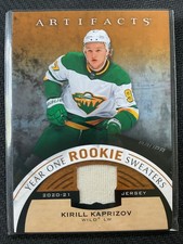 Kirill Kaprizov 2021-22 UD Artifacts Rookie Sweaters Game Used Jersey Card. rookie card picture