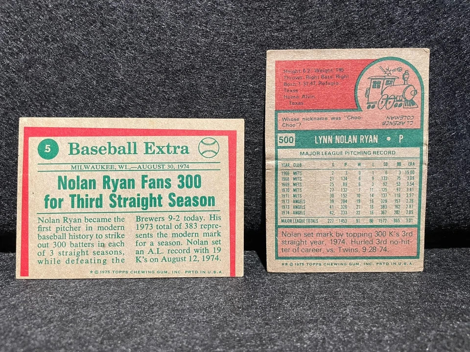 Nolan Ryan Lot of 2 1975 Topps #5 & 1975 Topps #500!! HOF the GOAT O.B.O!!! - Image 2 of 2
