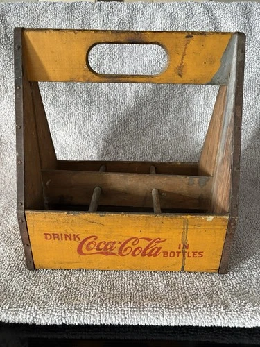 Vintage 1940's WWII War Wings Wooden Yellow Coca Cola 6-Bottle Carrier